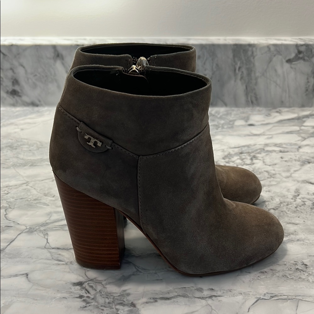 Tory Burch Gray Ankle Booties with Chunky Heel
